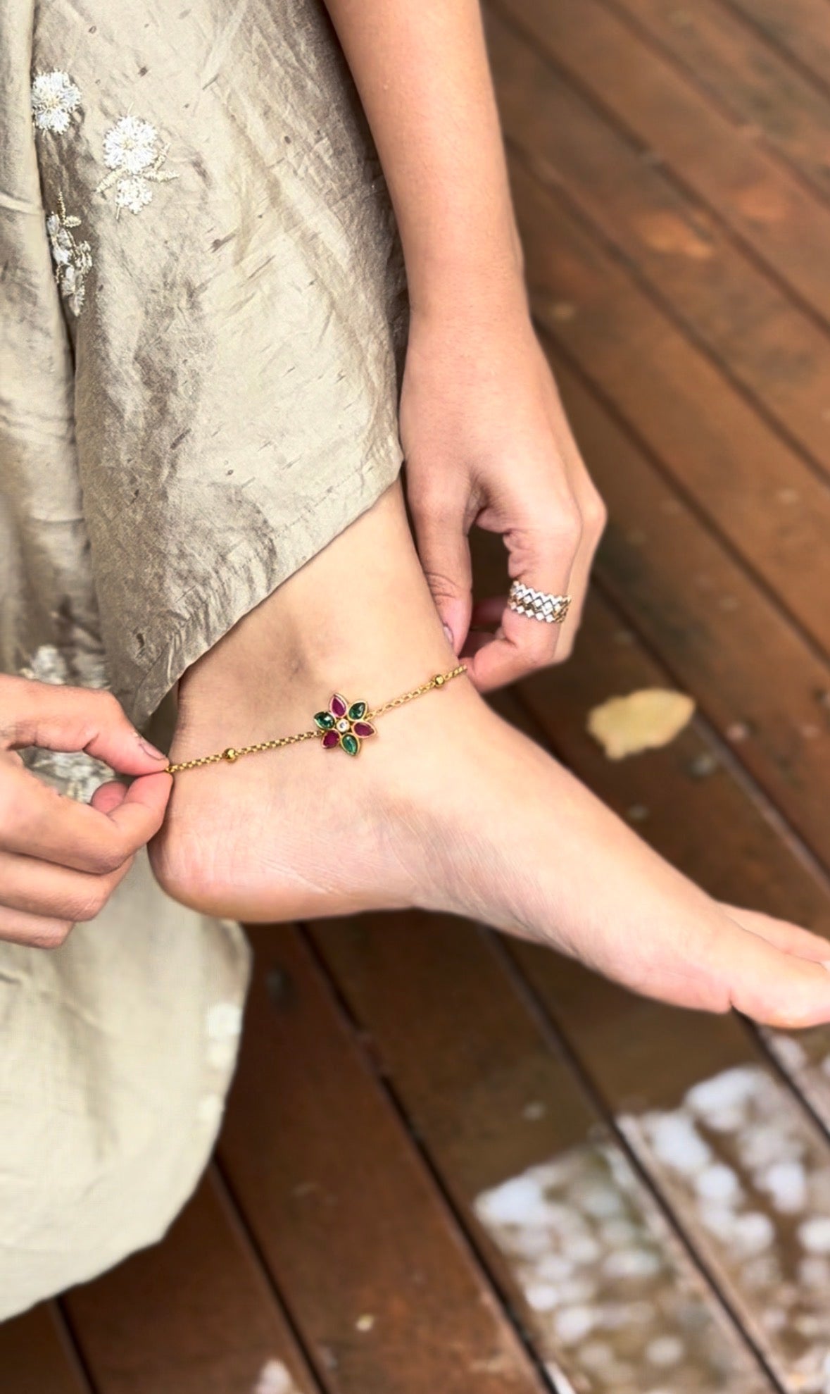 Ruby & Emerald Flower Anklet - RZ381