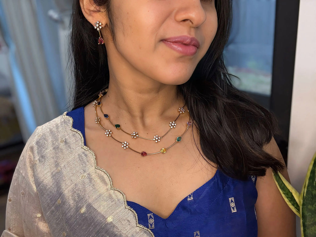 Trendy 2 Layer Flower & Drop Necklace Set - RZ528