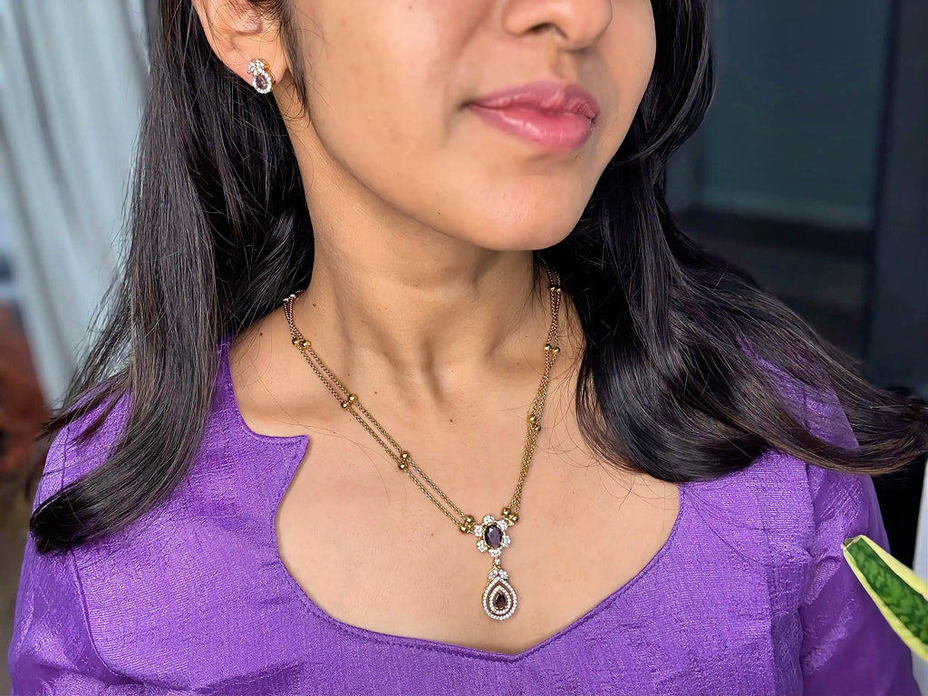 Double Chain Purple Stone Necklace Set - RZ507