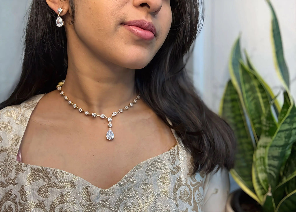 Single Stone with Flowers Necklace Set - RZ558