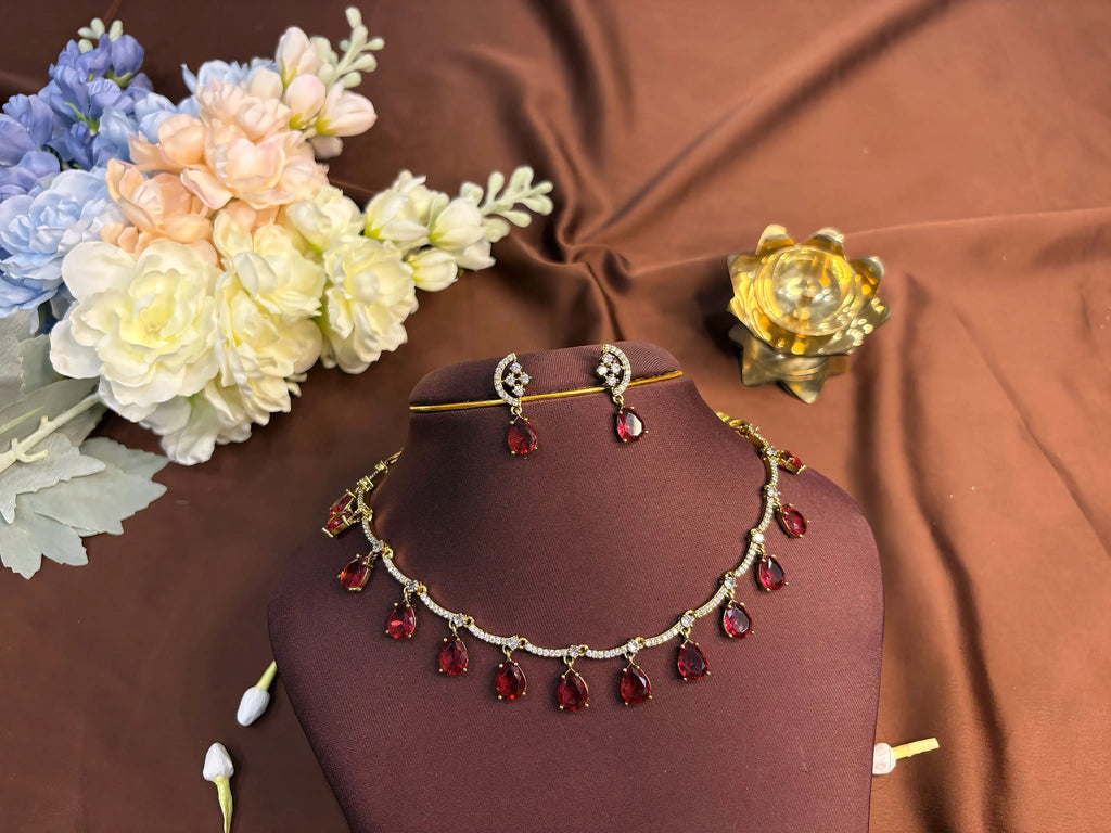Emerald & Ruby Drops Necklace Set - RZ559